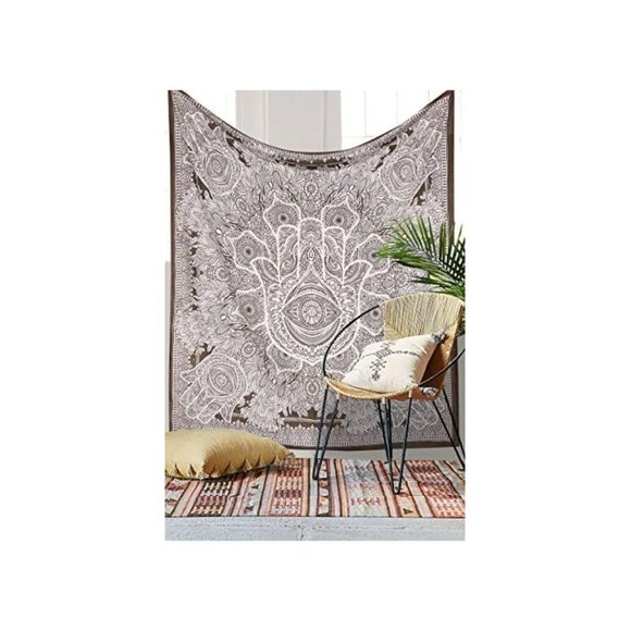 Full/Queen HAMSA Grey White Tapestry Wall Hanging Bedding Bohemian Boho Style - Picture 8 of 10